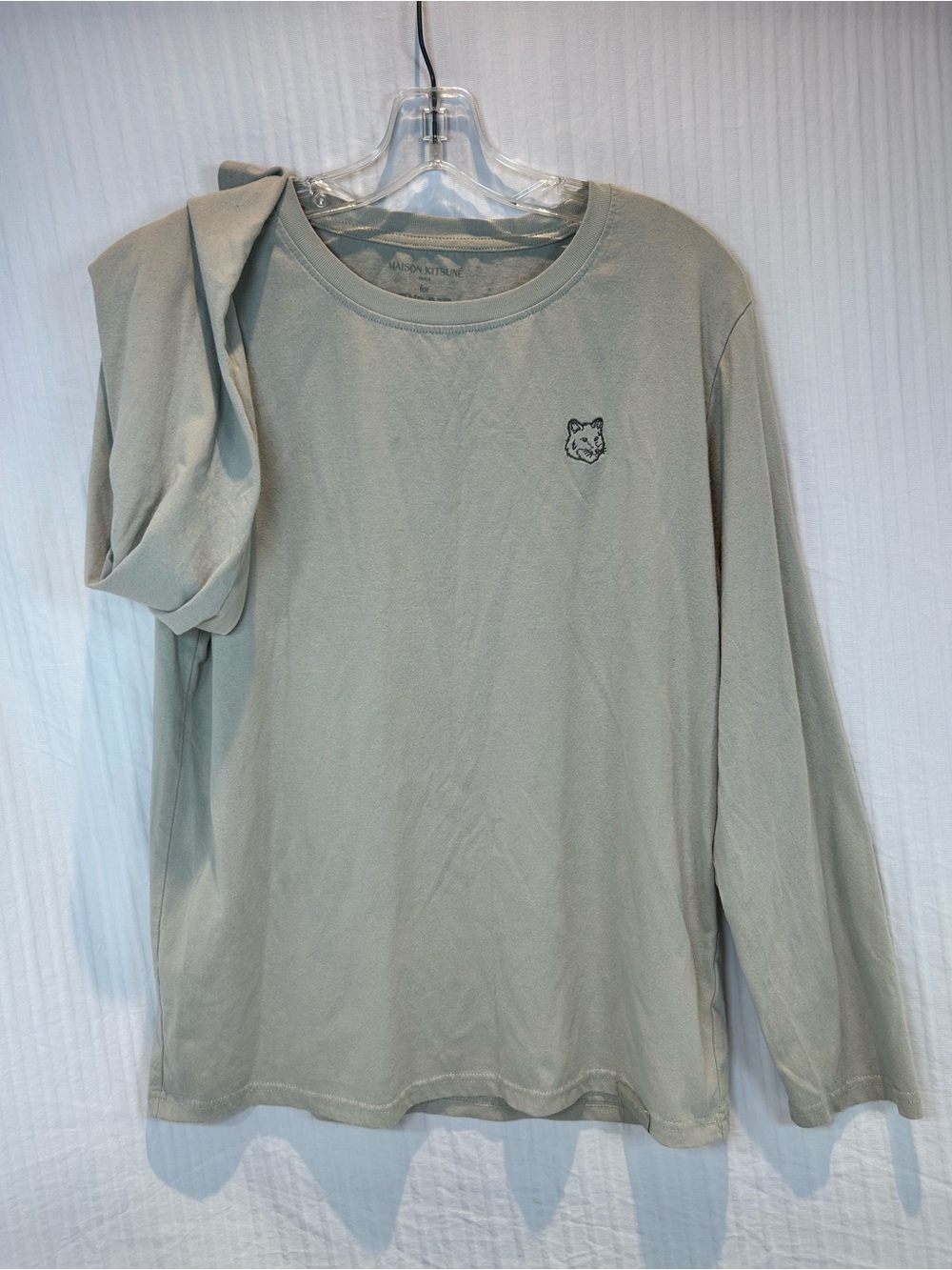 MAISON KITSUNE x EVA AIR Sz L Long Sleeve Crewneck T-Shirt Sage Green Fox Logo
